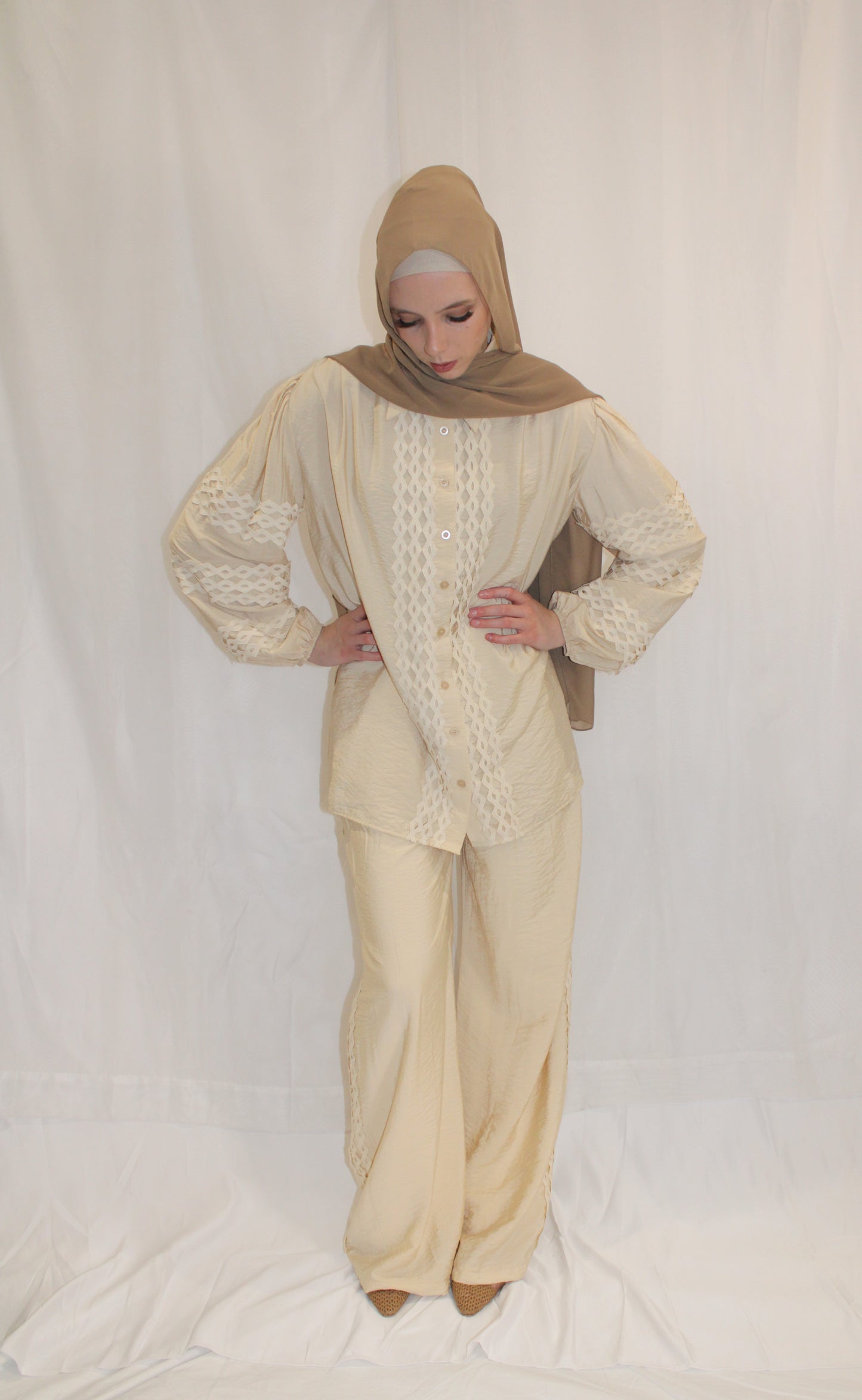 Double Lined Wide Leg Pants & Balloon Sleeve Top Set (beige)