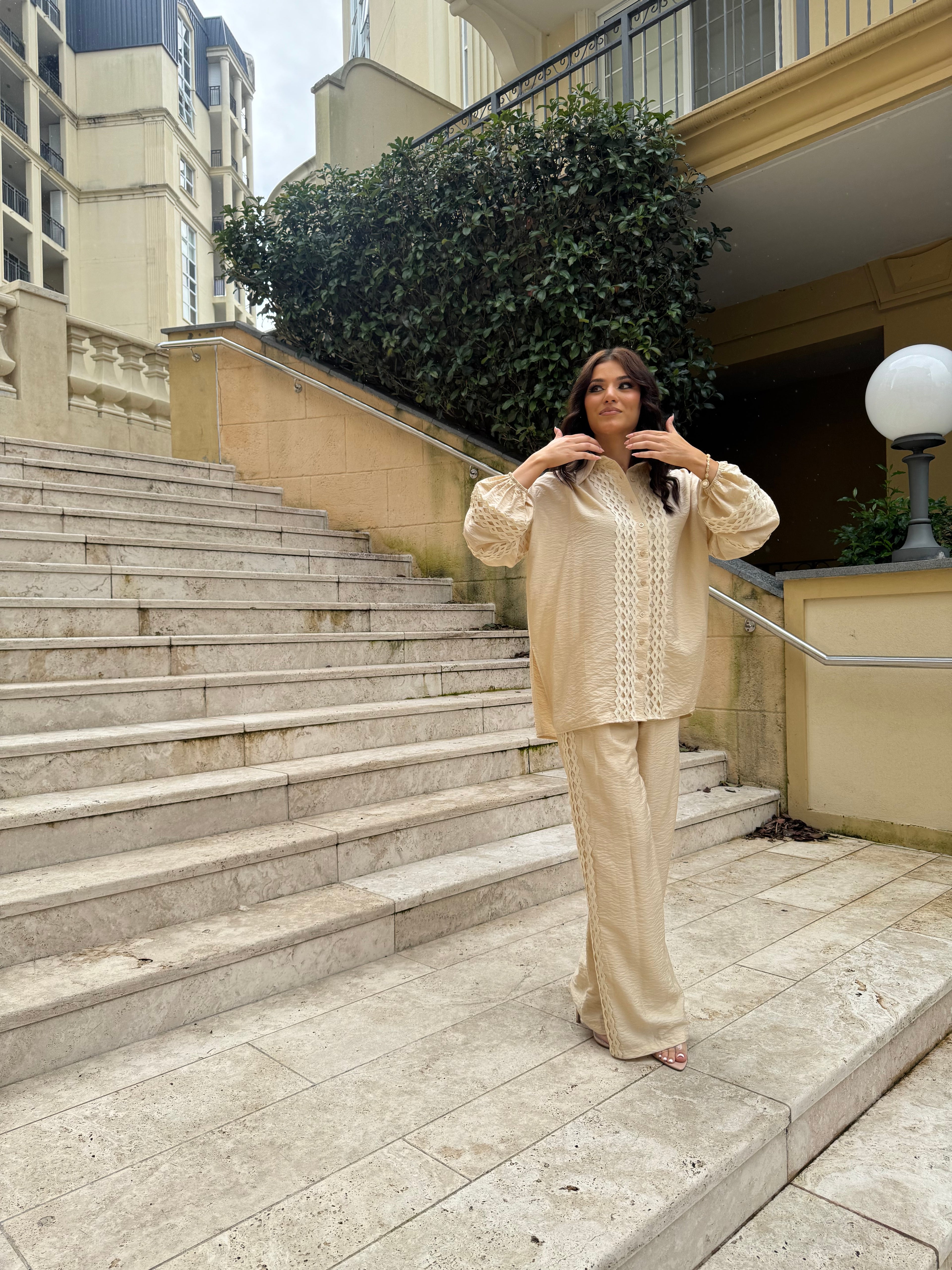 Double Lined  Wide Leg Pants & Balloon Sleeve Top Set (beige)