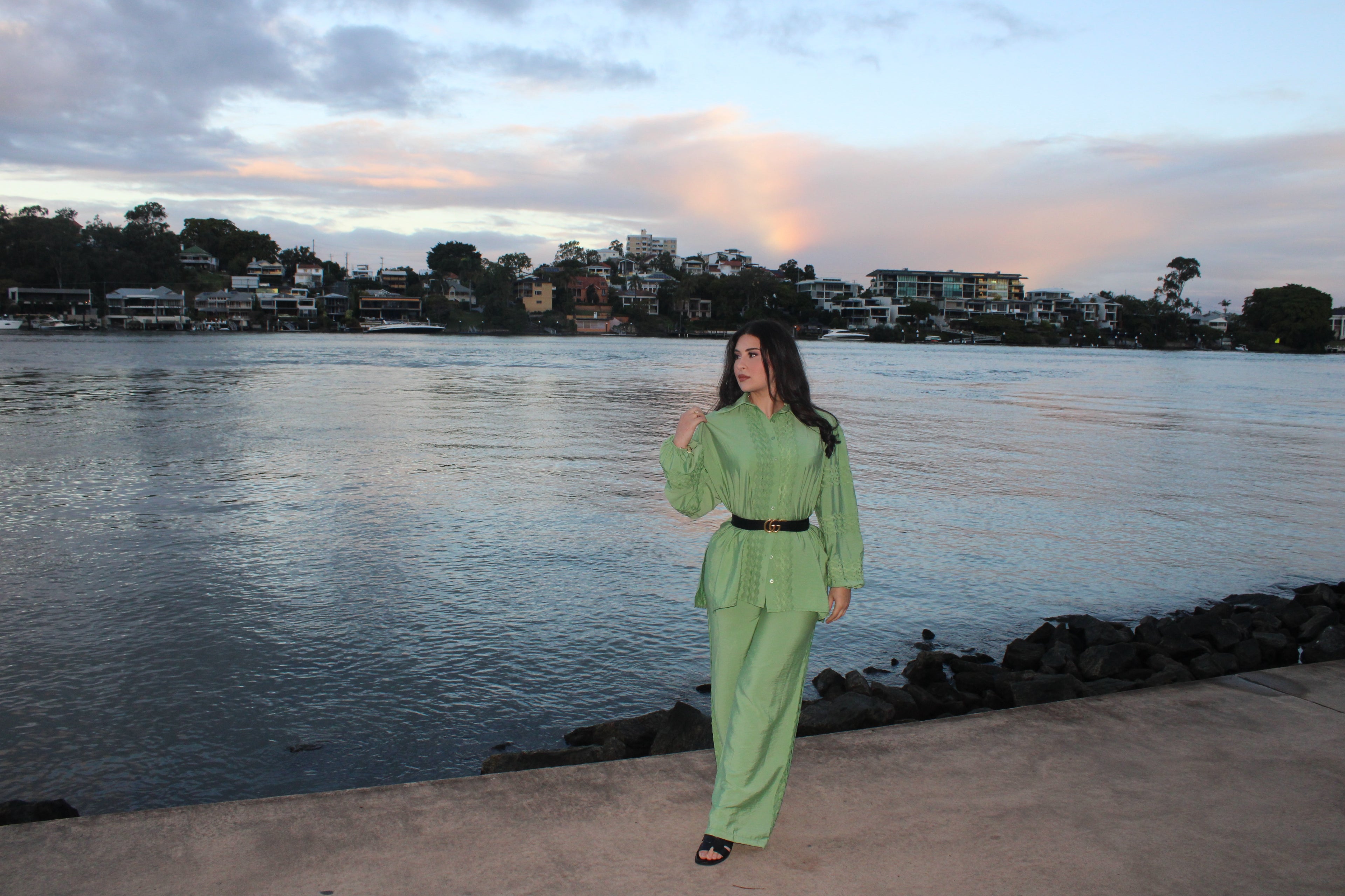 Double Lined  Wide Leg Pants & Balloon Sleeve Top Set (green)