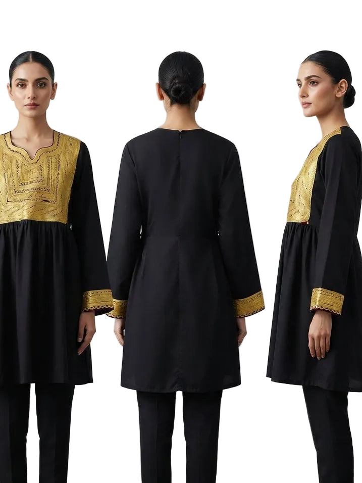 Black & Gold Embroidered Longline Top