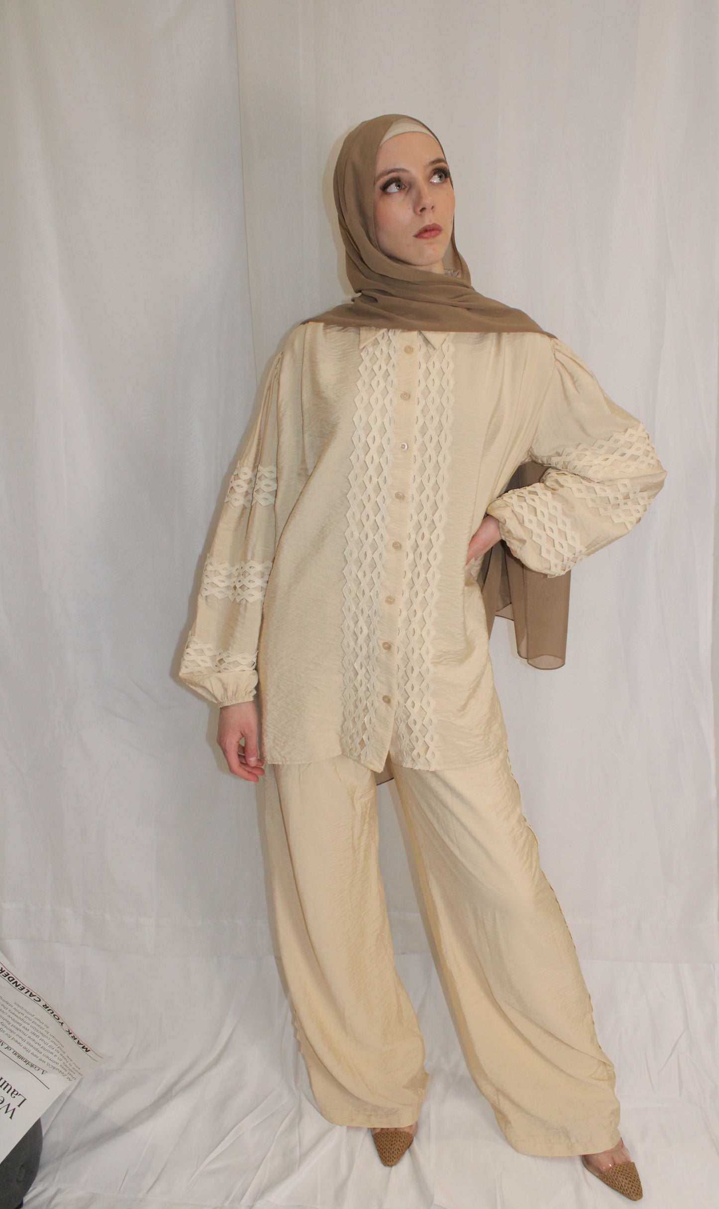 Double Lined  Wide Leg Pants & Balloon Sleeve Top Set