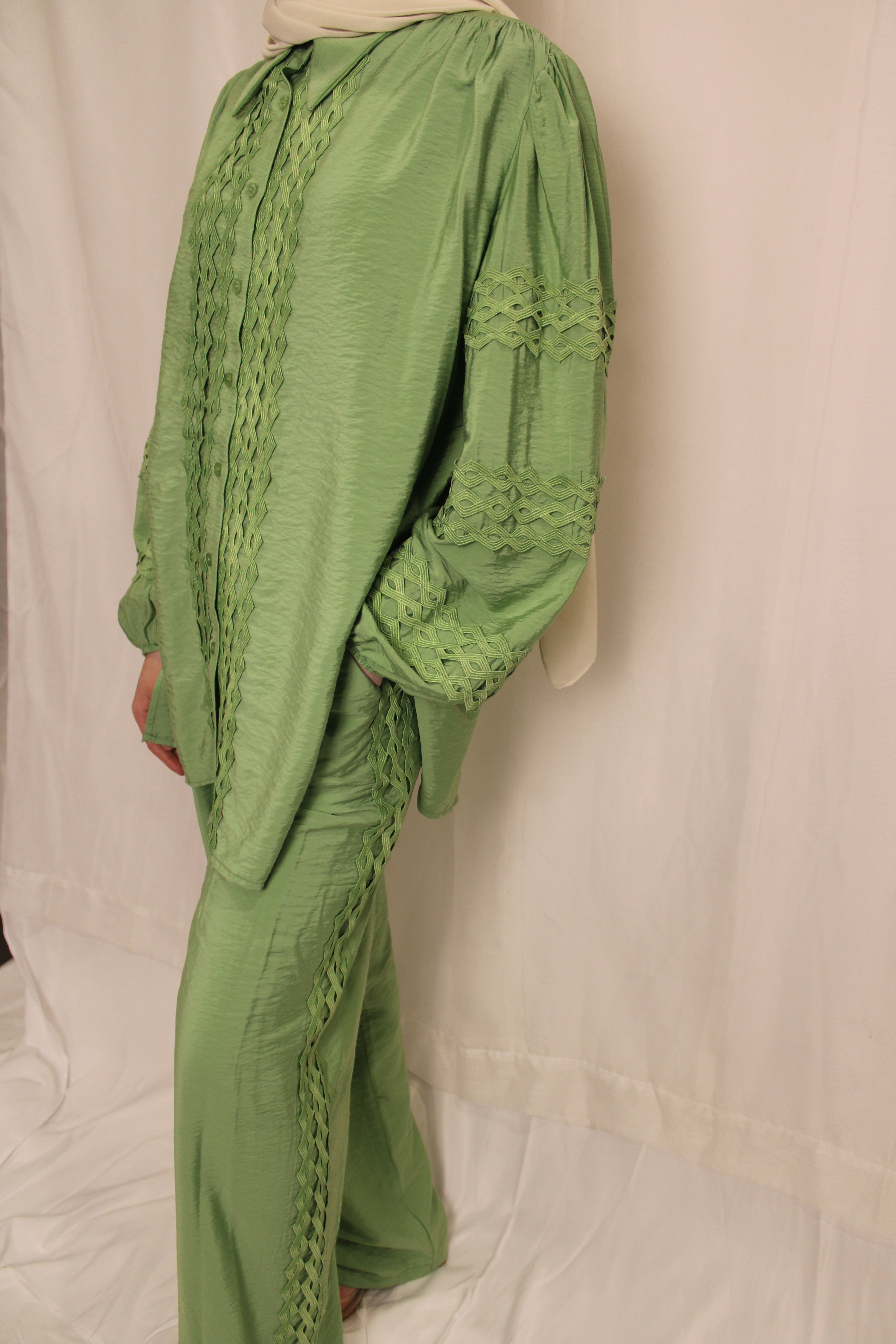 Double Lined  Wide Leg Pants & Balloon Sleeve Top Set (green)