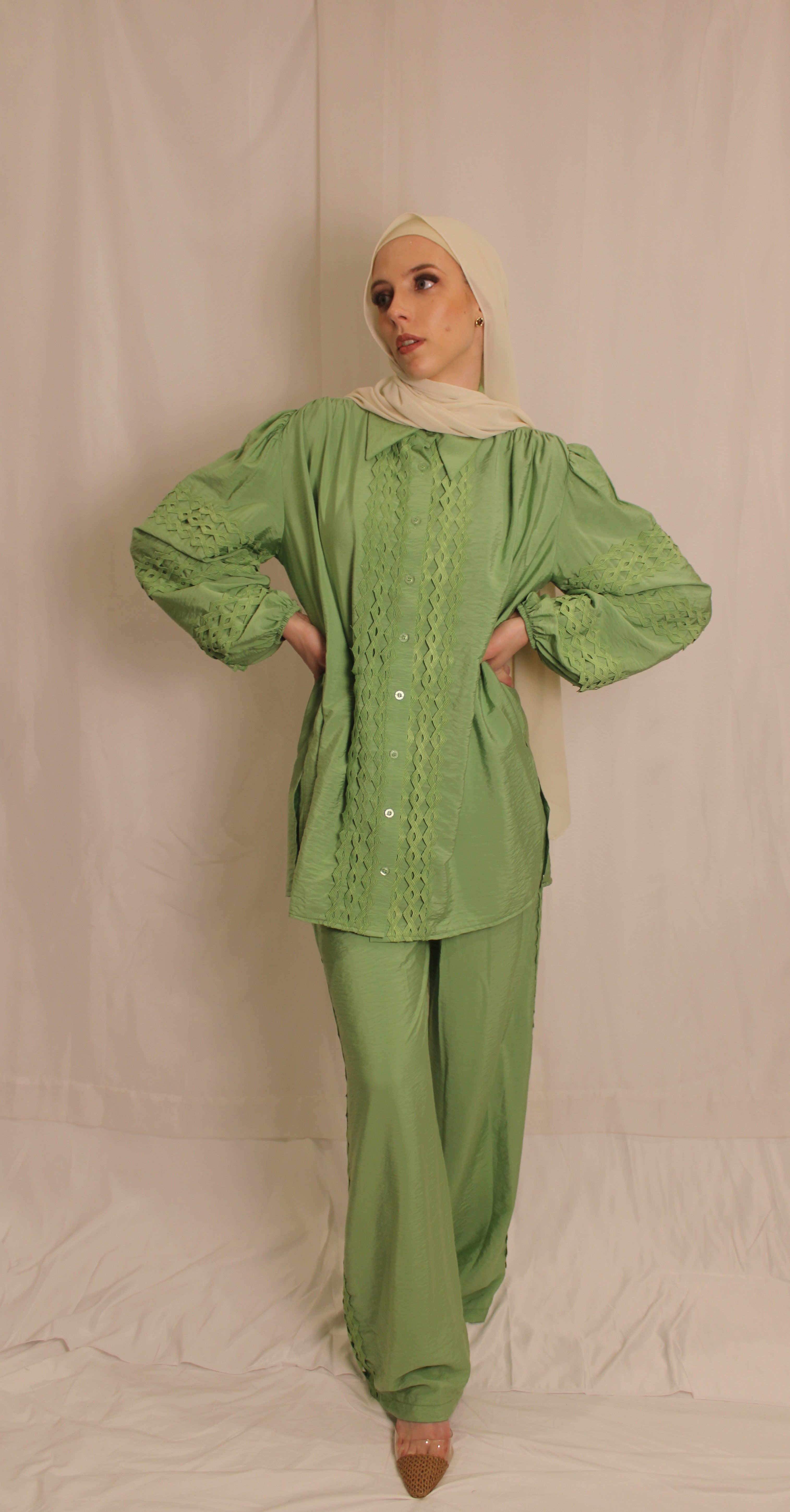 Double Lined  Wide Leg Pants & Balloon Sleeve Top Set (green)