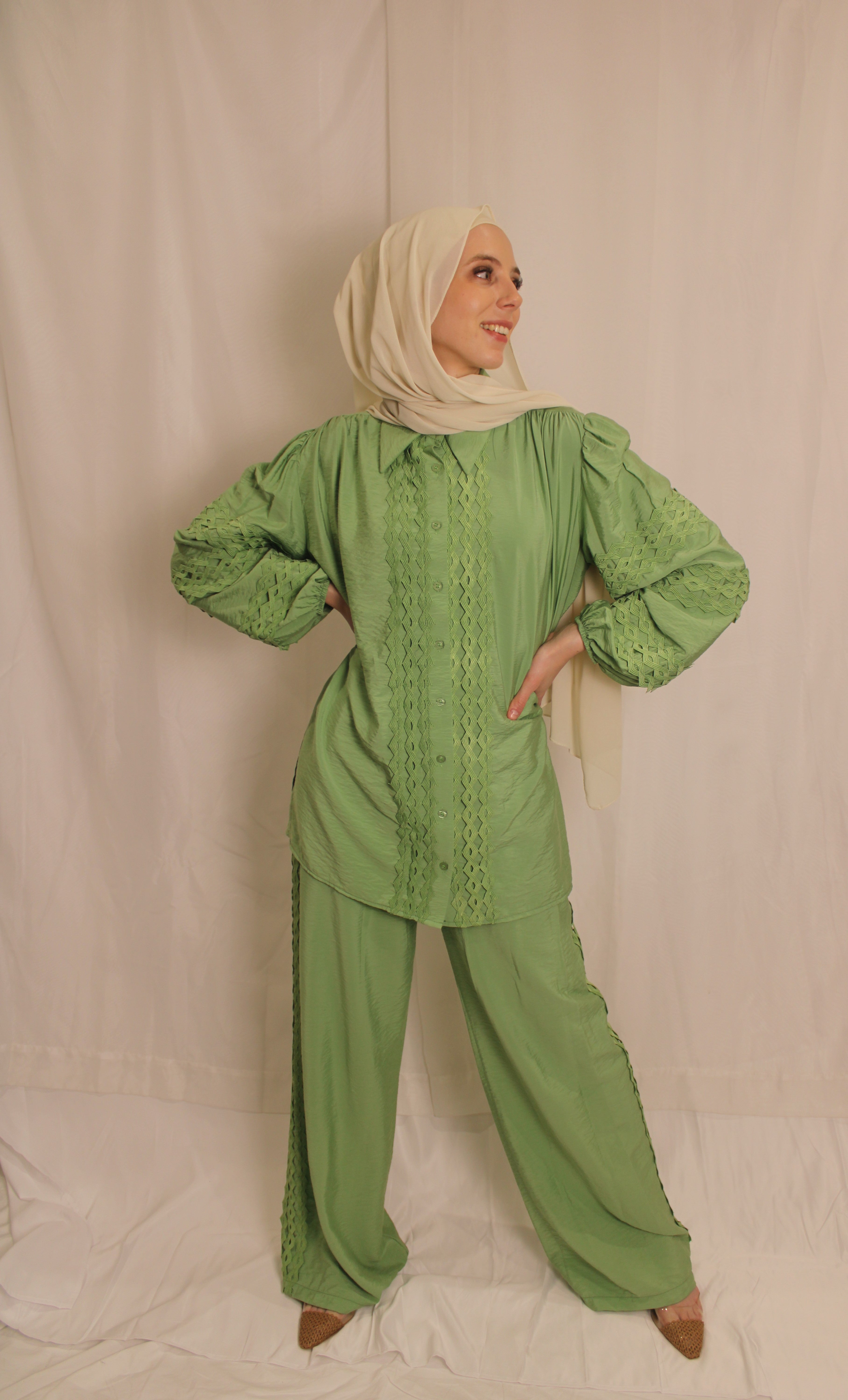 Double Lined  Wide Leg Pants & Balloon Sleeve Top Set (green)