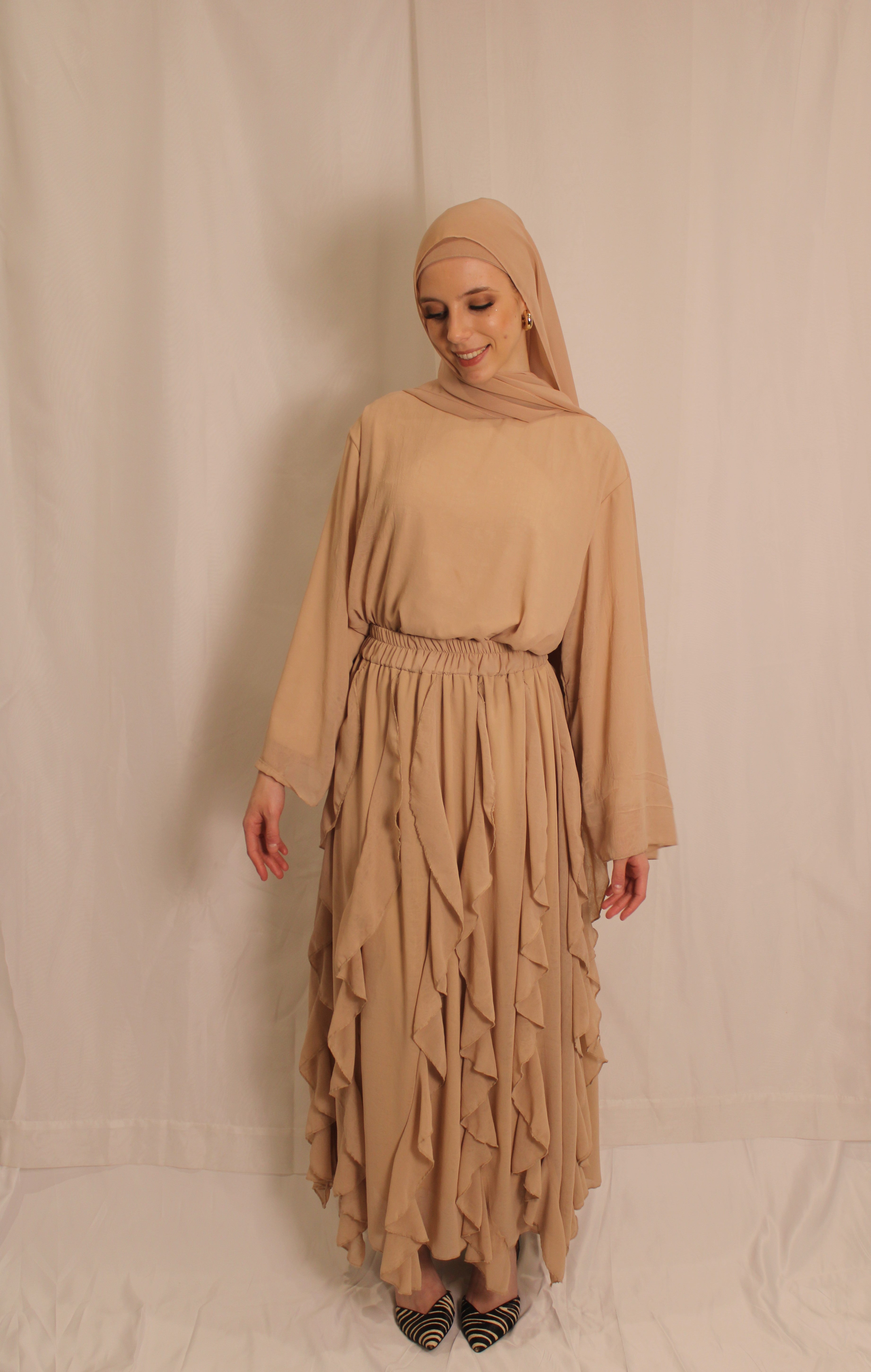 Flowy Ruffle Skirt & Oversized Top Set (beige)